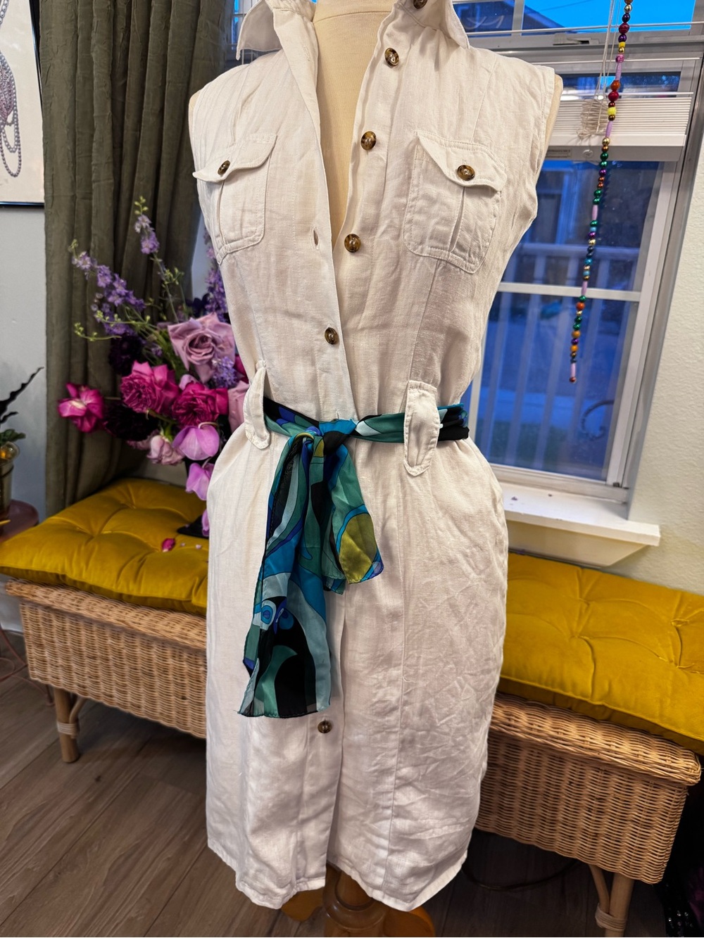 Sleeveless Button-Front White Linen Shirt Dress with Blue Green Scarf Belt
